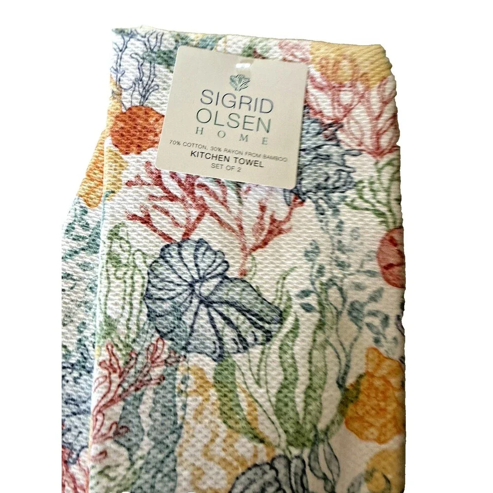 Sigrid Olsen Kitchen Dish Towels Set of 2 Starfish Shells Beach House White Blue